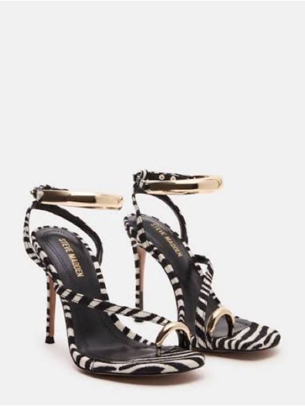 Steve Madden Zebra-Print Black & White Stiletto Sandals with Gold Accent